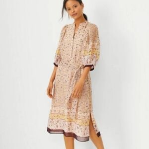 Ann Taylor Printed Floral Metallic Gold Puff Sleeve Midi Dress Size XSP.